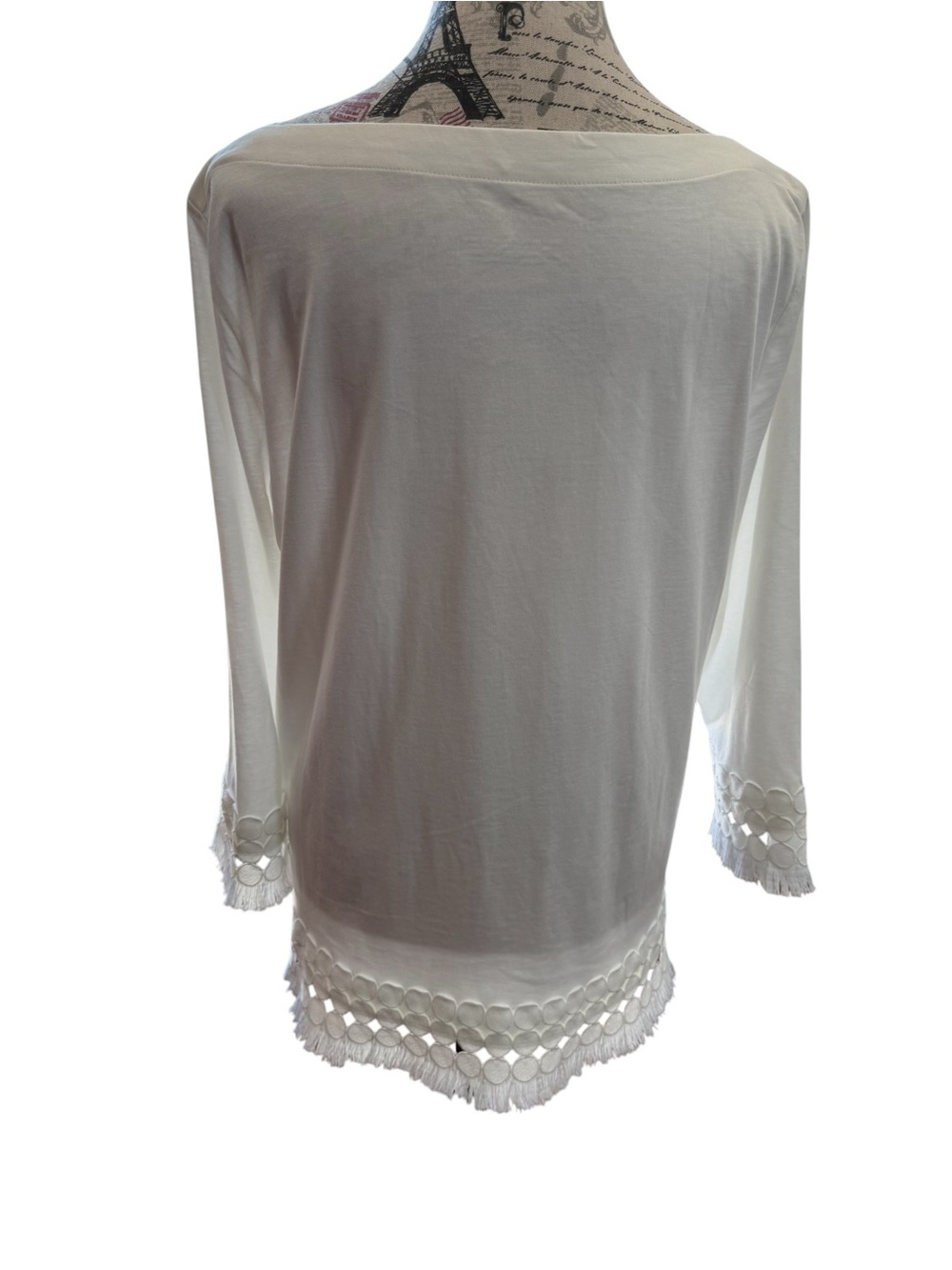 Talbots White Boatneck Tunic with Crochet & Tassel Hem - Picture 3 of 7